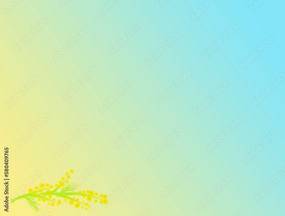 Mimosa branch with a frame of yellow balls and circles with a yellow-blue gradient background Mimosa branch with a frame of yellow balls and circles with a yellow-blue gradient background