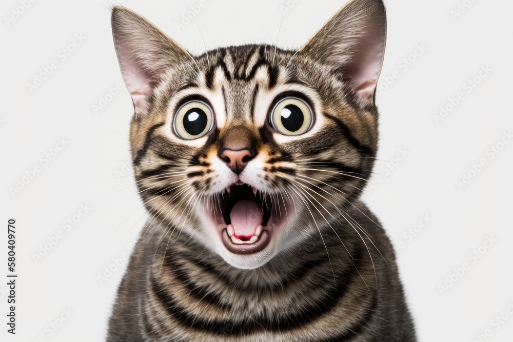 Tabby cat was surprised in front of a white background. Generative AI