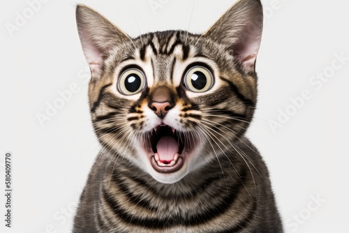 Tabby cat was surprised in front of a white background. Generative AI © AkuAku