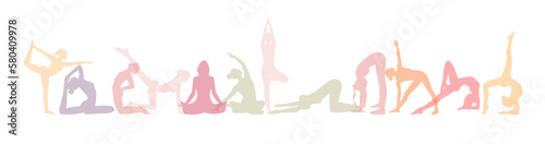 12 silhouette of girls in different poses set doing yoga sport fitness in different pale colors on white background for apps, cards, banners