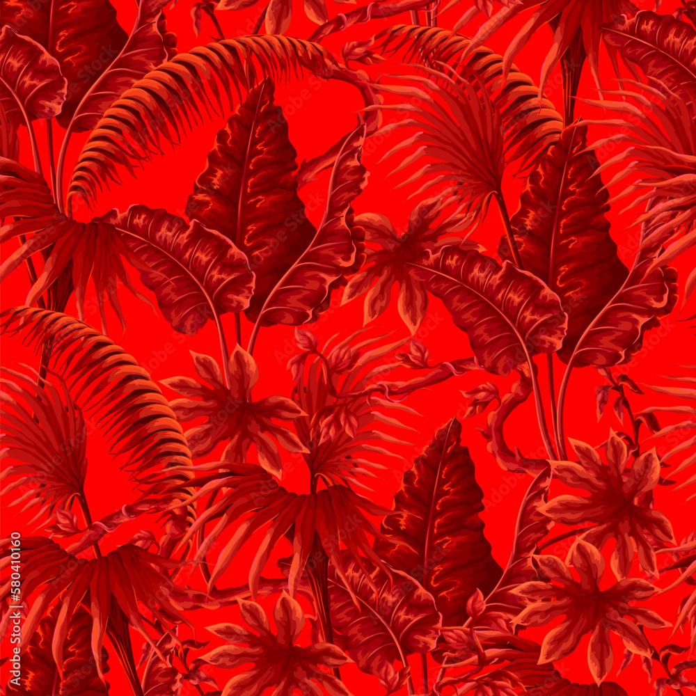 Seamless red pattern with jungle plants and leaves in victorian style. Vector.