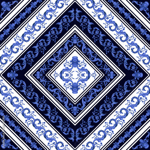 Seamless pattern with blue baroque elements. Vector.