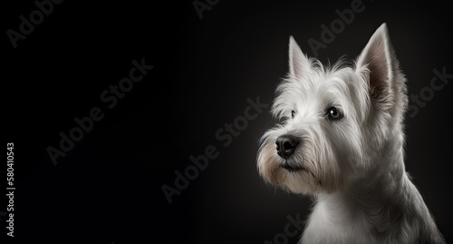 Cute white dog on dark background. West Highland White Terrier. Generative AI