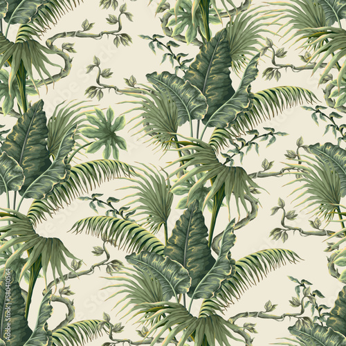 Fototapeta Naklejka Na Ścianę i Meble -  Seamless pattern with jungle plants and leaves in victorian style. Vector.