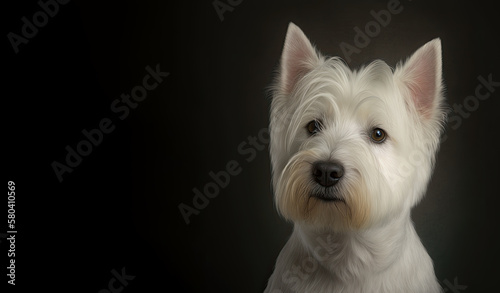Cute white dog on dark background. West Highland White Terrier. Generative AI © Gelpi