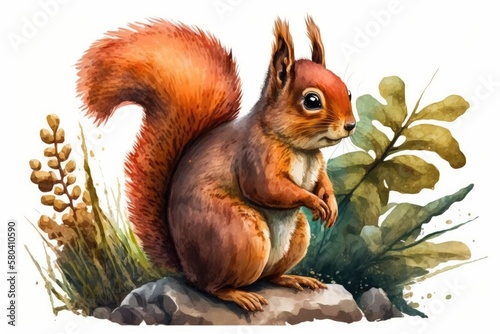 squirrel, a cute animal in a cartoon style. A piece of watercolor clipart of a forest animal on its own. Generative AI