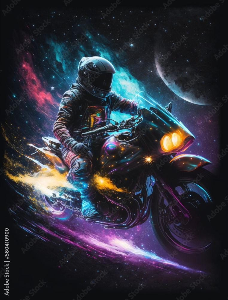 Motorradfahrer auf Rennstrecke, Neonlicht, Mond im Hintergrund