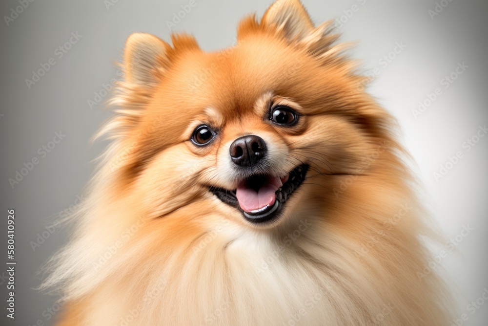 Sweet pet. Portrait of a happy Pomeranian spitz dog on a white studio background. The idea of beauty, animal health, the vet, and action and movement. Advertisement space. Generative AI