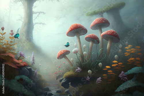 Fantasy Woodland With Flowers, Mushrooms, And Fog, Imaginary Woodland Filled With Flowers, Mushrooms, And Fog, Generative Ai