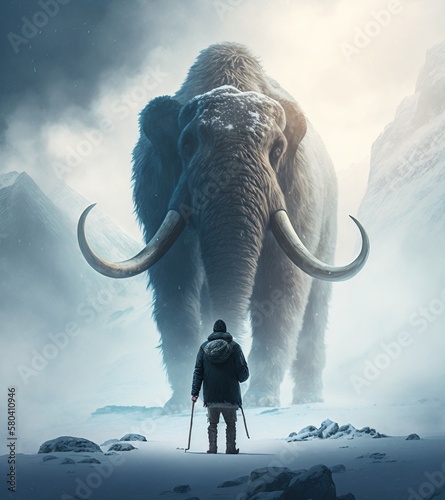 Facing big challenge concept. Challenge ahead concept metaphor. Hunter holding spear encounters giant mammoth on snowy mountaintop. Generative AI.