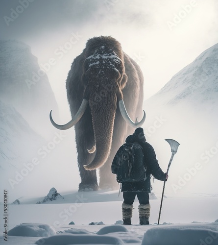 Facing big challenge concept. Challenge ahead concept metaphor. Hunter holding spear encounters giant mammoth on snowy mountaintop. Generative AI.
