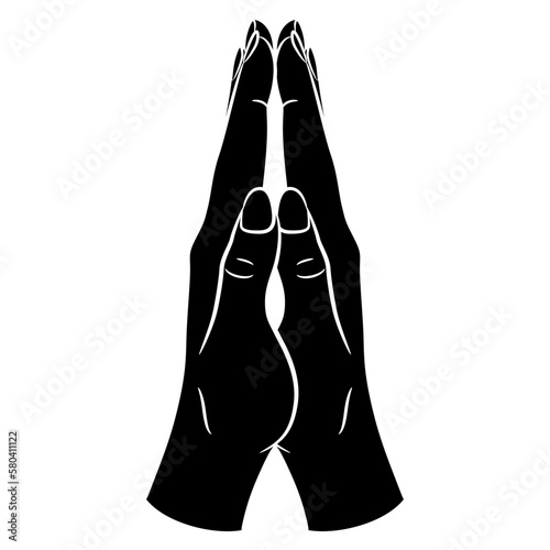 Two raised up human hands with folded  palms. Praying or namaste gesture, Black and white silhouette,