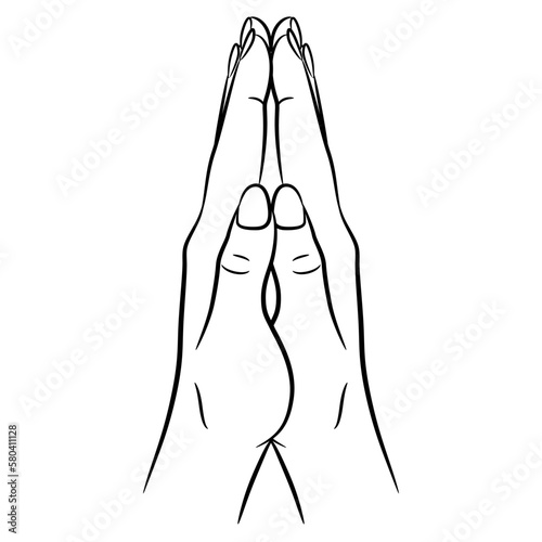 Two raised up human hands with folded palms. Praying or namaste gesture, Black and white linear silhouette, Cartoon style.