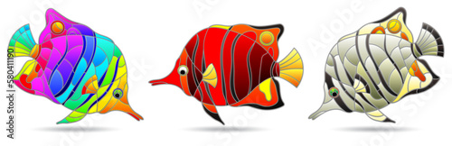 A stained glass illustration with abstract butterfly fish isolated on a white background