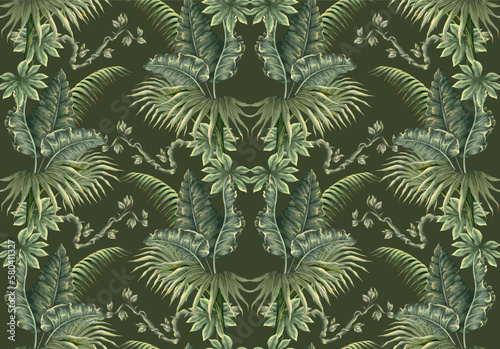 Seamless pattern with jungle plants and leaves in victorian style. Vector.
