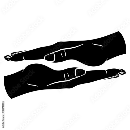 Two human hands with flat palms. Black and white silhouette.