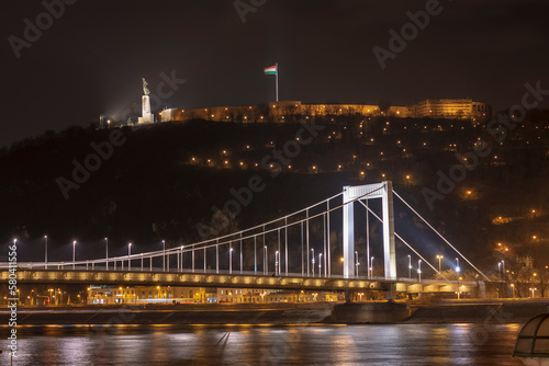 Illuminated Elizabeth bridge over Danube river with Gellert hill and Citadella Liberty Statue at night, Budapest, Hungary
