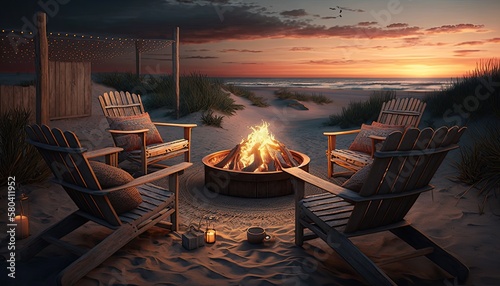 A cozy and inviting outdoor lounge setup with comfortable chairs and a fire pit on a sandy beach at sunset. HD, realistic, warm lighting type. generative ai photo