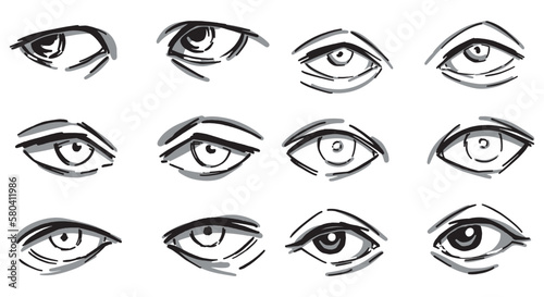 Set of human eyes monochrome abstract sketches. Eyes pairs hand drawn vector illustration isolated on white.