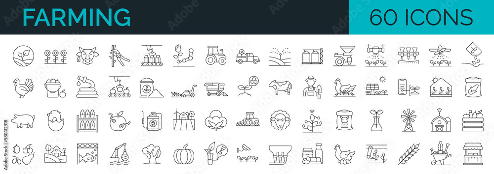 Set of 60 line icons related to farm, farming, gardening, agriculture ...