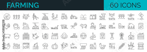 Set of 60 line icons related to farm, farming, gardening, agriculture, smart farm,  farm animals, seeding. Outline symbols collection. Editable stroke. Vector illustration