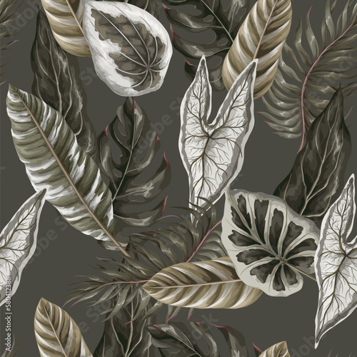 Seamless pattern with tropical leaves. Vector.