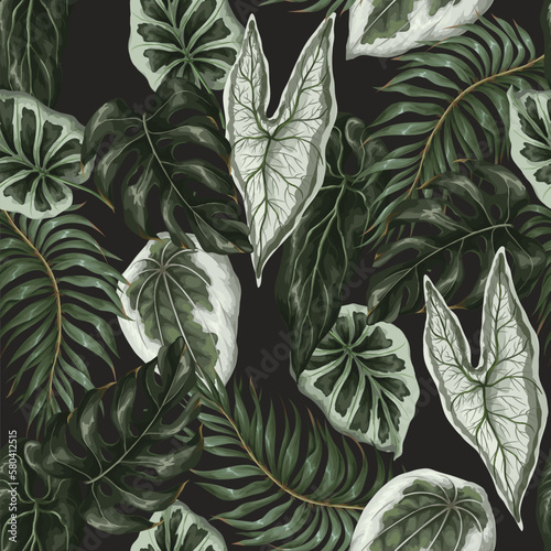 Seamless pattern with tropical leaves on the black background. Vector.