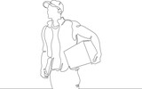 One continuous line. Courier with parcels. Mail delivery. Postman. Courier in a baseball cap. Parcel in a box. One continuous line drawn isolated, white background.