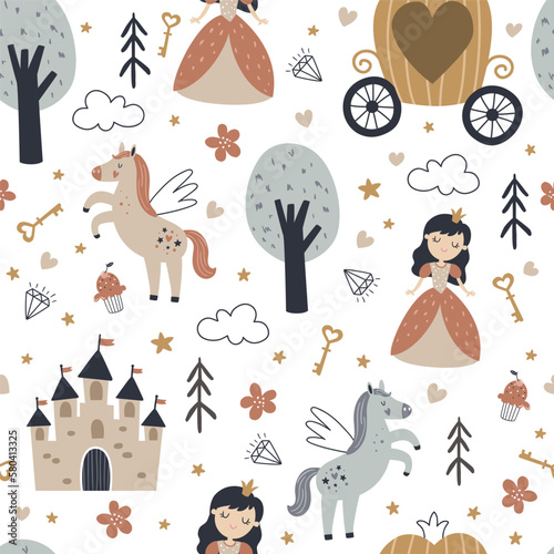 vector seamless boho pattern with cute princess