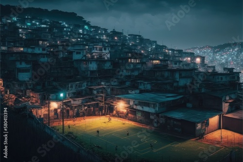 The Brazilian favela community is characterized by poverty, informal settlements, and social issues, but it's also a place of culture, diversity, and resilience, GENERATIVE AI photo