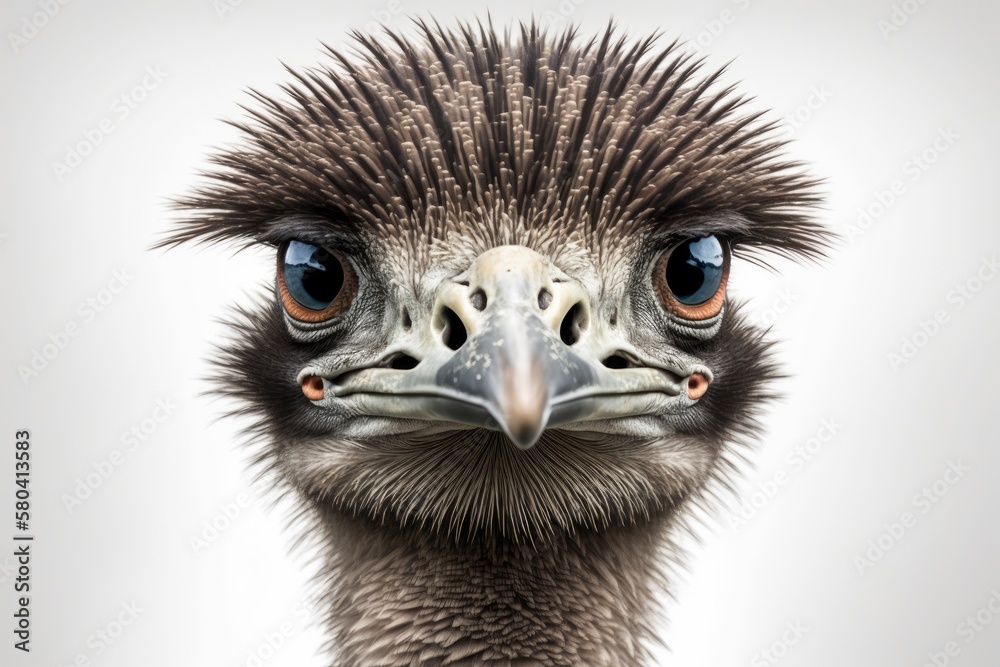 Portrait of an ostrich on a white background. Generative AI