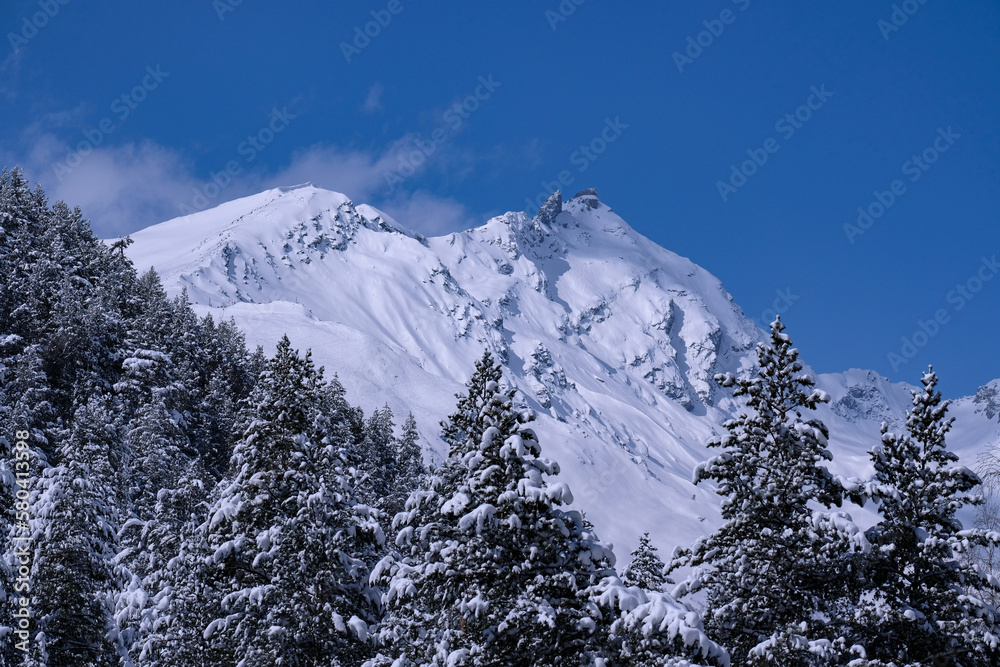 beautiful view of the mountains, winter forest in sunny weather