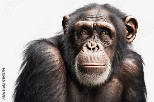 Portrait of chimpanzee on white background. Generative AI © AkuAku