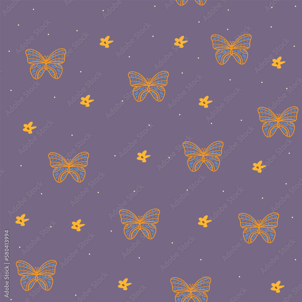seamless pattern with hand drawn butterflies and abstract flowers.Womans print for wallpaper,kids fabric,nursery interior,cover design,dark background