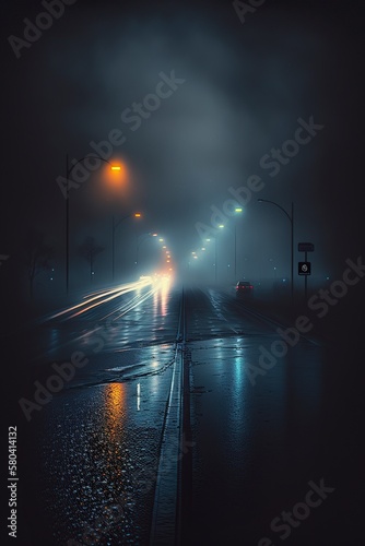 illustration, foggy light in the night city and wet asphalt, ai generative