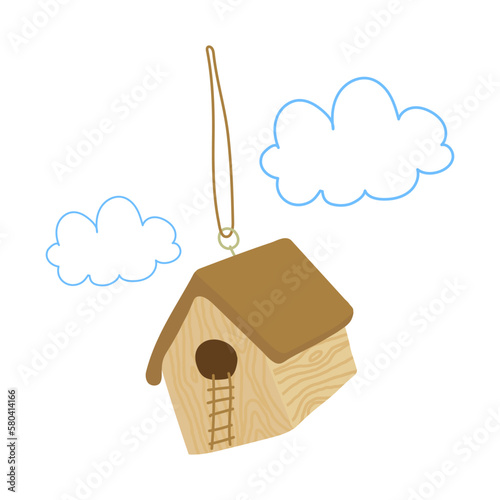 Cute wooden bird feeder or a house hanging in the air. Vector illustration.