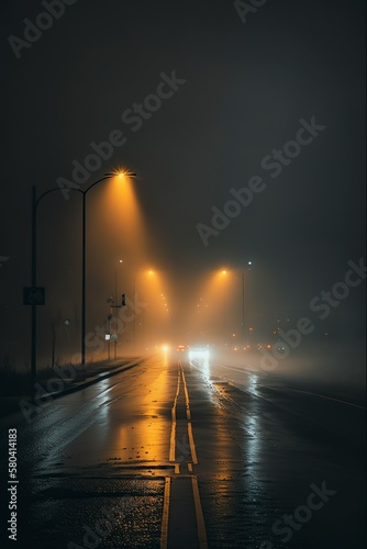 illustration, foggy light in the night city and wet asphalt, ai generative