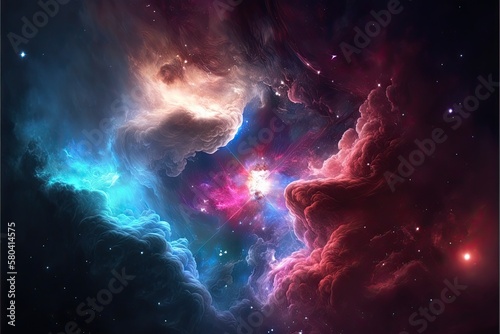 Space with shining stars, stardust and nebula. Realistic cosmos. Colorful galaxy illustration. Bright futuristic background. Generative AI. © Vitaly Art