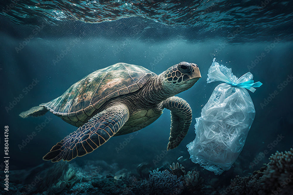 Obraz premium Plastic pollution in ocean environmental problem. Turtles with plastic bag. Generative Ai