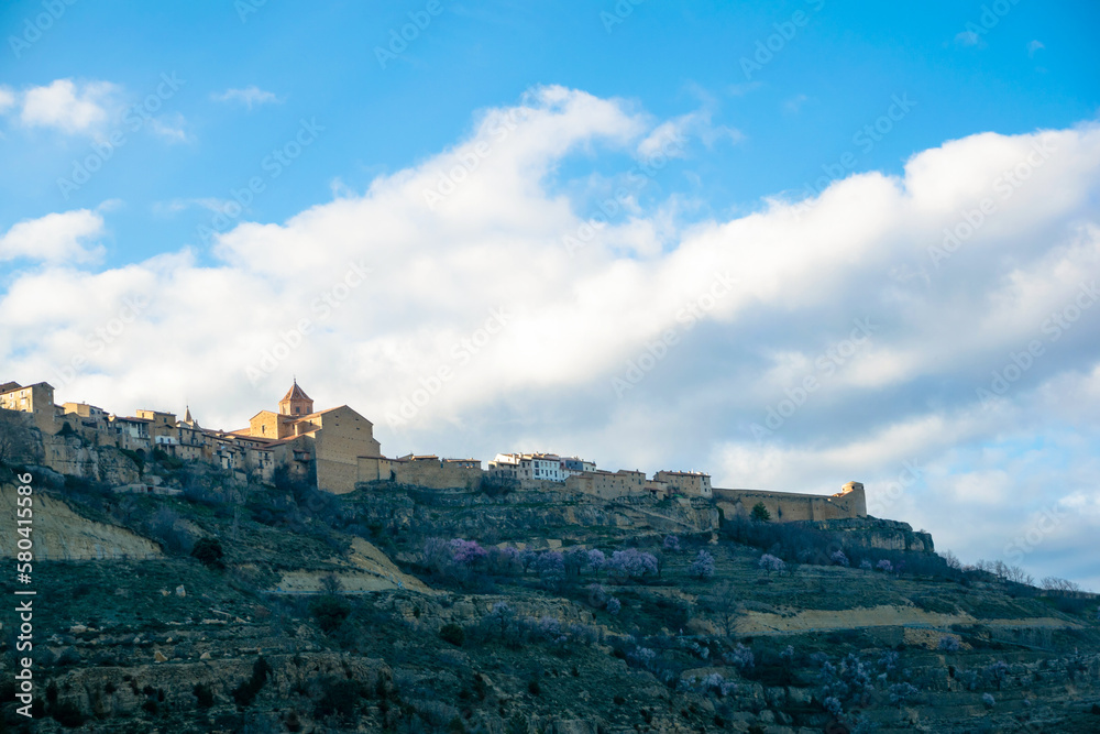 View from a low angle of the medieval town of Cantavieja, Spain