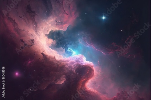 Space with shining stars, stardust and nebula. Realistic cosmos. Colorful galaxy illustration. Bright futuristic background. Generative AI.