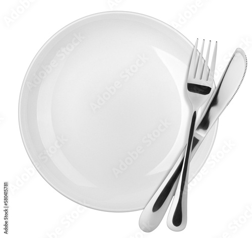 Empty plate, Spoon, fork, knife, clipping path, white background, isolated, top view