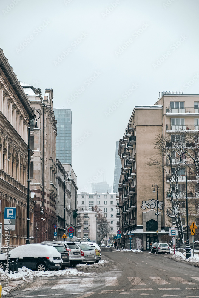 Winter in Warsaw and the street view in the city during the snowy month. 