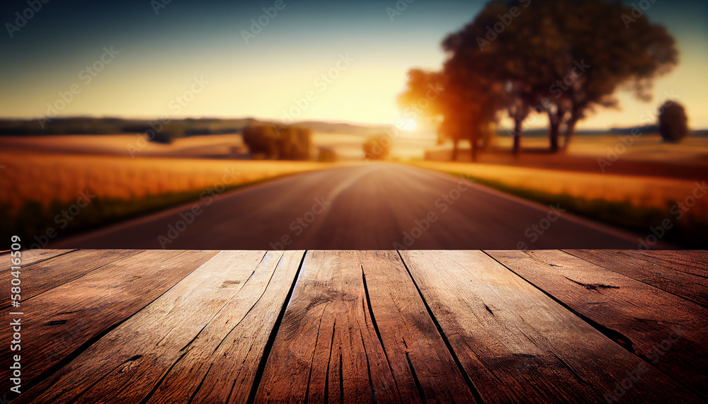 country road, wooden table with blurred background, Generative AI