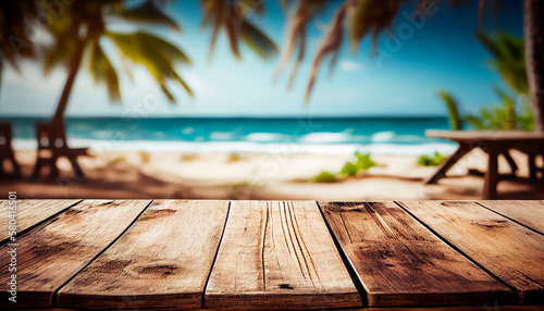beach, wooden table with blurred background, Generative AI