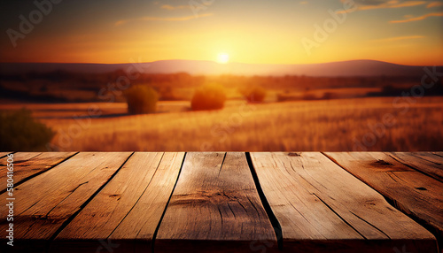 countryside, wooden table with blurred background, Generative AI