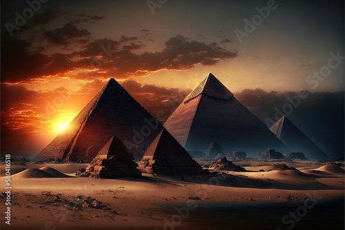 Beautiful pyramids against the backdrop of sunset and magnificent clouds AI