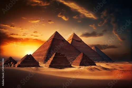 Beautiful pyramids against the backdrop of sunset and magnificent clouds AI