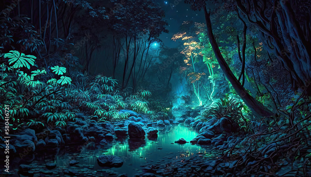 Bioluminescent jungle at night with glowing trees by generative AI Bioluminescent jungle at night with glowing trees by generative AI