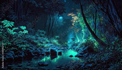 Bioluminescent jungle at night with glowing trees by generative AI